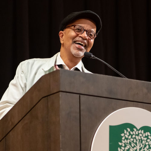 Author James McBride at the Library podium