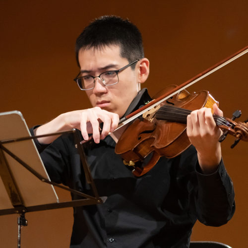 A musician on stage playing a violin