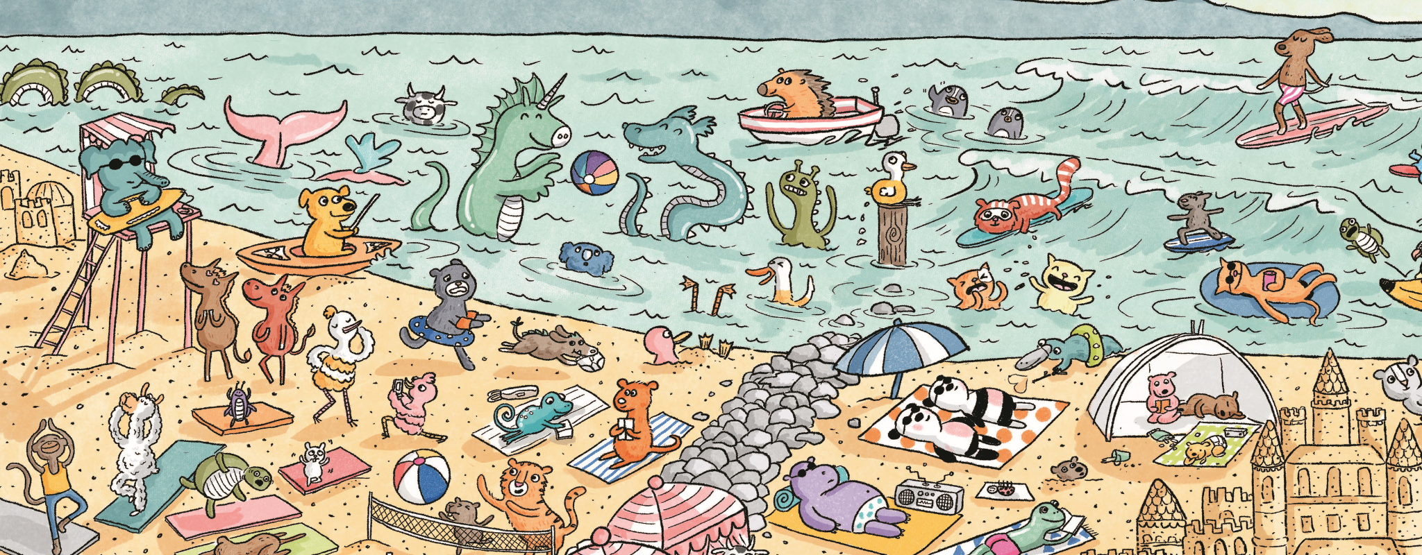 Cartoon animals at the beach