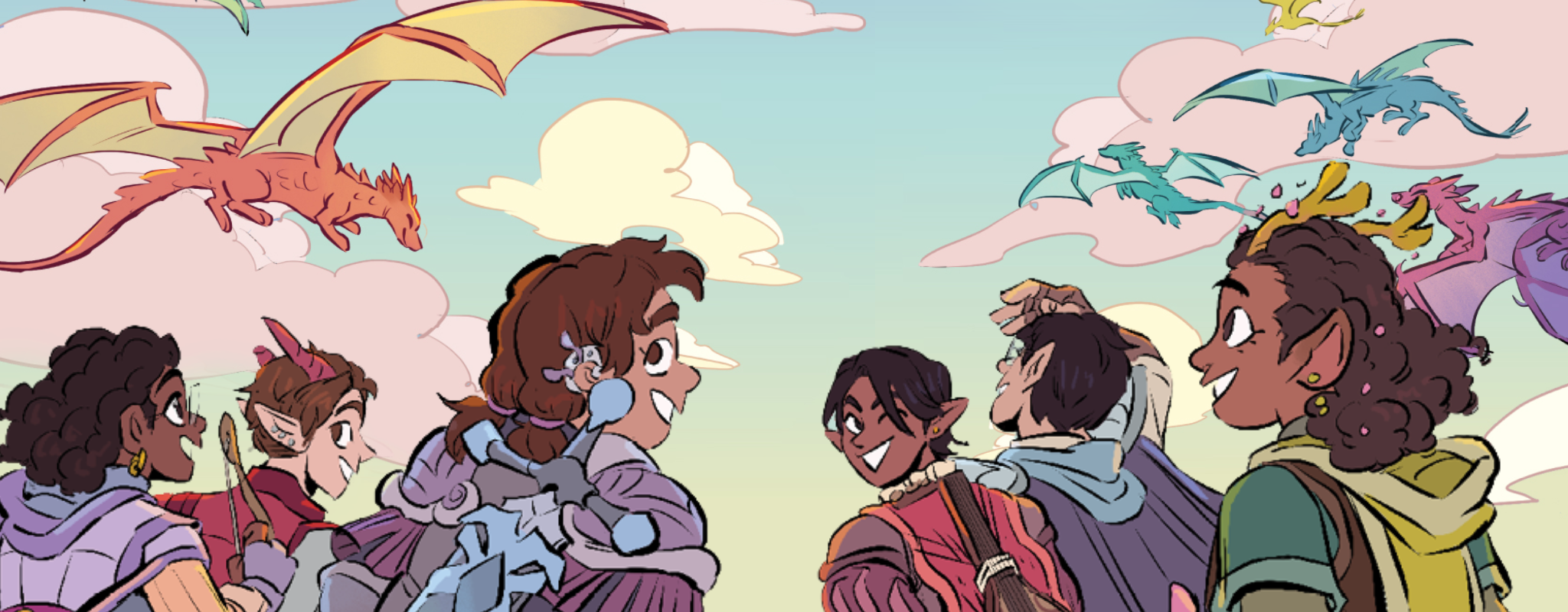 Cartoon dragons flying in the sky with kids looking on