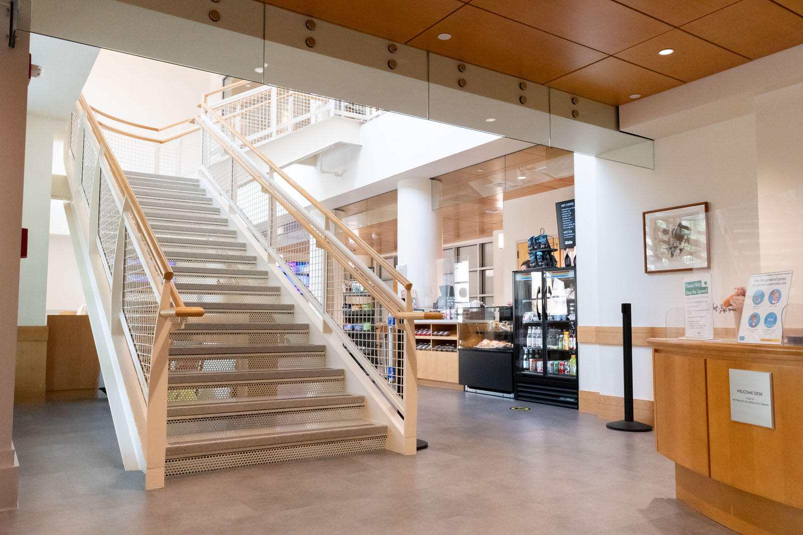 Stairs to lower level, Cafe at Greenwich Library